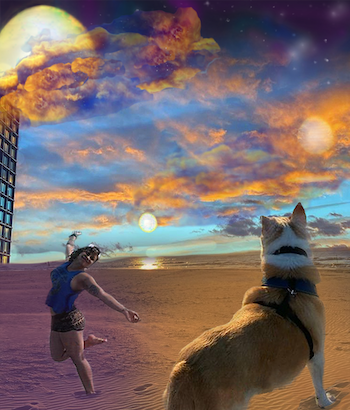 Building and beach image in a composite with psychedelic tones